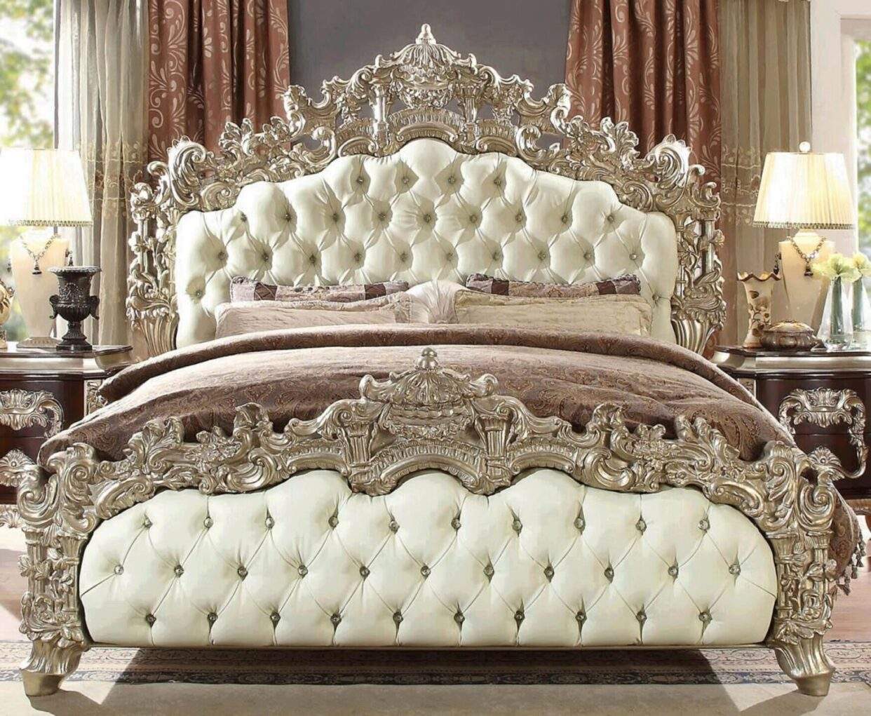 TH-H8171 Sellerie Cuir De Luxe De Style Français Blanc Sculpté Rose tête de Lit King Size Lit