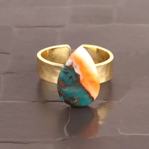 Trendy fashion jewelry pear shape mohave oyster turquoise gold plated open adjustable ring wholesaler price statement ring gift