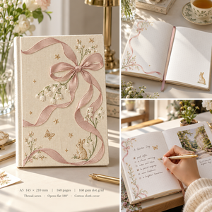 Cuaderno LABON Personalizado con Cinta Decorativa, Color Crema, PU, con Estampado de Lirio de los Valles, Cuaderno con Puntos - Product Image 5