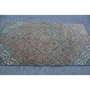 Classic <b>Brown</b> Blue Vintage Turkish Rug 4.1 X 7.4ft Handmade Patchwork Design <b>Wool</b> Bamboo Silk Material Latex Backing for Living - Product Image 3