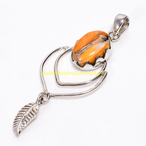 Pendentif en argent sterling 925 avec motif de feuille en cabochon de corail orange naturel - Product Image 2