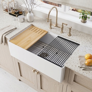 Évier de cuisine noir profond, style farmhouse, fait main, à cuve unique, 33 pouces, en argile réfractaire avec façade d'abattage - Product Image 3