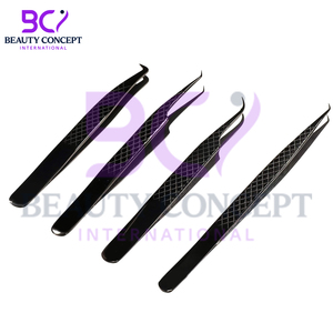 Set of 4 Pcs Black With Texture Design Diamond Grip Eyelash Extension Tweezers Best Quality Eyelash Extension Grafted Tweezers - Product Image 5
