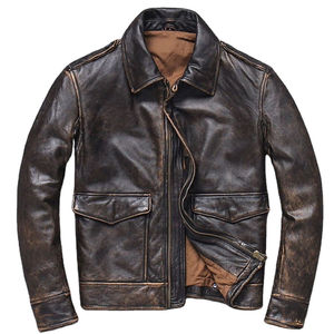 Blouson Aviateur Homme Vintage Marron en Cuir Véritable de Vache Vieilli Coupe Slim Décontractée Style Moto - Product Image 1
