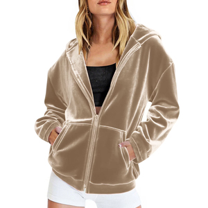 Best Selling Warm Winter Women's <b>Velvet</b> Hoodies Light Brown Color Long Sleeve Zipper Up Outdoor Soft <b>Velvet</b> <b>Hoodie</b> - Product Image 3