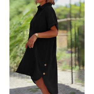 Robe mi-longue en viscose tissée pour femme, à manches courtes, col et boutons sur le côté, devant court et dos long, 35820 - Noir - Product Image 4