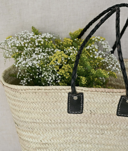 Bolso de Paja Marroquí Tejido a Mano, Estilo Bohemio, Cierre Abierto, Cuero Negro, Bolso de Hombro para Playa de Verano - Product Image 4