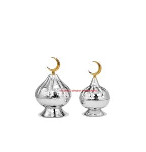 Ramadan Eid Mubarak Gift Set Hammered Metal Date <b>Bowl</b> <b>With</b> Moon <b>Lid</b> Decorative Silver And Gold Dry Fruit Islamic Home Decor - Product Image 1