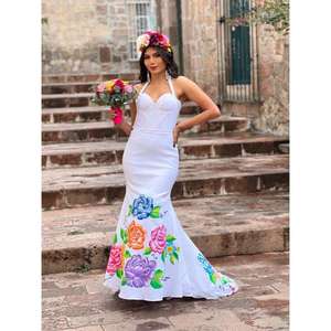 Vestido de Novia Pintado a Mano con Diseño Floral, Estilo Sirena, Arte Folclórico Mexicano, Vestido de Novia Personalizado - Product Image 3