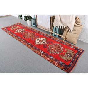 3.1x10.5 ft <b>Runner</b> Vintage Rug, Turkish Rug, <b>Red</b> Blue Abstract Wool Rug - Product Image 2