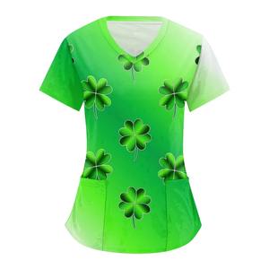 Uniforme d'infirmière contemporain pour femmes hauts St.patrick Day imprimé à manches courtes col en V infirmière gommage Blouse femmes festival série hauts - Product Image 5
