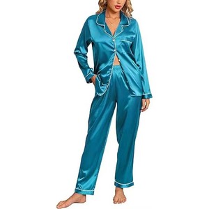 Loungewear seda satén personalizado al por mayor ligero transpirable manga larga cuello vuelto elegante pijama para mujer ropa de dormir - Product Image 6