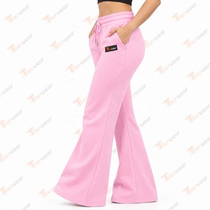 Pantalones acampanados rosas para mujer, de cintura alta, de forro polar, informales, de ajuste holgado, largos, con cordón en la cintura, color liso, con logo en la pierna derecha, para otoño - Product Image 4