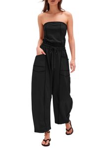 Mono negro sin tirantes para mujer, de cintura alta, ajuste regular, tejido transpirable, ecológico, informal, para vacaciones, con bolsillos por encima de la rodilla - Product Image 1