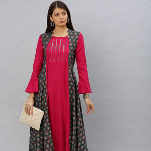 Robe Anarkali Kurta pour femmes en coton slub à imprimé floral brodé, longueur mollet, col montant, manches longues, tenue ethnique élégante, gris - Product Image 1