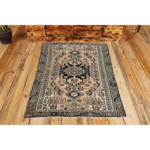 Alfombra Turca Vintage de 3.1x4.5 pies (94x136 cm), Alfombra a Rayas Azul y Marrón - Product Image 1