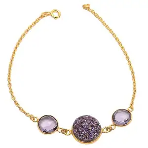 Gold Plated Chain Bracelet with Amethyst Hydro and Druzy Gemstones, Gold Chain Bracelet with Amethyst Hydro and Druzy Gemstone