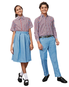 Service OEM Ensemble d'uniformes scolaires à manches courtes avec logo sur mesure pour garçons et filles Chemise à rayures Jupe simple Pantalon - Product Image 1