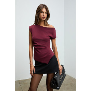 GRIMELANGE Rehinga Blusa de Manga Corta para Mujer, 100% Algodón, Cuello Asimétrico, Corte Regular - Product Image 5