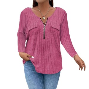 เสื้อยืดด้านหน้ามีซิปสีทึบไซส์ใหญ่พิเศษสำหรับผู้หญิงเสื้อยืดลำลองถักลายซี่โครงแขนยาวคอวีสำหรับฤดูหนาว - Product Image 5