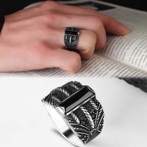 Anillo Turco de Plata de Ley 925 para Hombre, Estilo Otomano, Piedra Natural Azuris Negra, VALKH1389 - Product Image 3