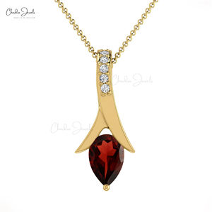 Collier en or fin 14 carats fait main avec pendentif goutte d'eau et garnet du Mozambique 6x4 mm serti de diamants pavés – Livraison gratuite – Vente en gros - Product Image 3