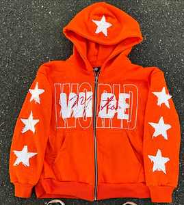 Ropa de calle personalizada para hombre Sudadera con capucha desgastada lavada con ácido Sun Fade 3D cremallera pesada Rhinestone bordado parche polar ODM - Product Image 3