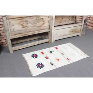 Alfombra Turca Vintage Pequeña de 1.7x3.1 pies, Alfombra Oriental Blanca y Azul - Product Image 1