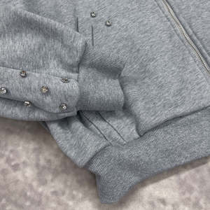 Custom Rhinestone Zip Up <b>Hoodie</b> & Shorts Set Heavyweight 100% Cotton Tech Fleece Tracksuit OEM Streetwear Windbreaker Set - Product Image 4