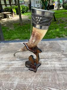 Rustic Norse Drinking Horn With Wooden Stand Ideal <b>Viking</b> Cup for <b>Gifting</b> Display or Medieval Celebrations - Product Image 2