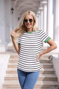 Camiseta básica 100% de algodón de manga corta con cuello a rayas para mujer, ropa informal de verano antibolitas ecológica con bordado - Product Image 2