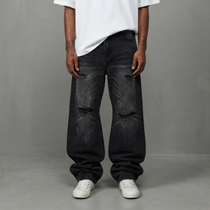 High Quality Vintage Washed Breathable Streetwear Hip Hop Style Custom <b>Embroidered</b> logos 100% Cotton Distressed Straight man pan - Product Image 4