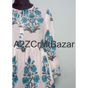 Robe mi-longue moulante à manches longues et col en V en coton imprimé floral à la main avec tissu lavable - Product Image 2