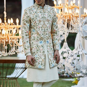 2022 <span class=keywords><strong>smoking</strong></span> da sposa Sherwani alla moda alla moda Plus Size su tessuto broccato con chiusura a cerniera dei pantaloni a mosca e <span class=keywords><strong>scarpe</strong></span> abbinate - Product Image 1