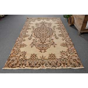 Classic Beige <b>Brown</b> 5.5 X 9.3 ft Vintage Turkish Rug Large Area <b>Wool</b> Patchwork Design for Hallway Bedroom Latex for Room Bedside - Product Image 1
