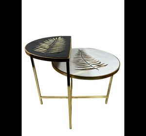 Table d'appoint moderne à 2 niveaux avec dessus en bois imprimé vadrouille et support en fer galvanisé or - Product Image 2