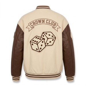 Veste en chenille personnalisée à épaules tombantes, crème et marron, avec patch dés en chenille, manches en cuir, style Letterman personnalisé - Product Image 2