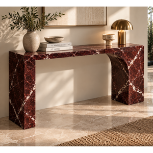 Rosso Levanto <b>Marble</b> <b>Console</b> <b>Table</b> with Arched Waterfall Base Wabi-Sabi Style Living Room Furniture - Product Image 3