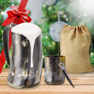 Ox Horn Ale, Mead, and Beer Tankard Vintage Stein Custom Intricate Design - Polished Finish <b>Mug</b>, Shot <b>Glass</b>, and Bottle Opener - Product Image 1