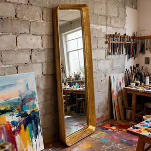 Esquinas redondeadas Marco <span class=keywords><strong>de</strong></span> metal Espejo <span class=keywords><strong>de</strong></span> pared inclinado independiente Diseño minimalista moderno Estudio Apartamento Decoración contemporánea para el hogar - Product Image 1