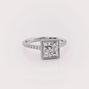 Anillo de Compromiso y Boda con Diamante Cultivado en Laboratorio con Corte Princesa Certificado por IGI, Halo y Banda Pavé en Oro Amarillo/Blanco y Oro Rosa de 14K - Product Image 2