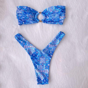 Conjunto de Bikini de Dos Piezas con Estampado y Tanga Plisada, Traje de Baño Cómodo de Spandex/Nailon, Venta al por Mayor - Product Image 3
