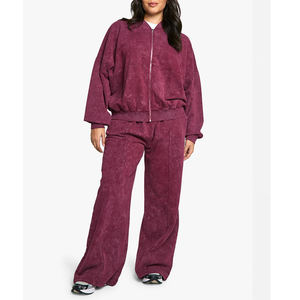 Ensemble 2 pièces en coton lavé pour femmes, coupe décontractée, veste zippée et pantalon de jogging droit, logo personnalisé, vente en gros, OEM, streetwear, ensemble lourd - Product Image 1