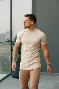 Nouveau à la mode côtelé col haut équipage à manches courtes Beige hommes T-Shirts respirant personnalisé coton Gym Active Fitness T-Shirt pour hommes - Product Image 2
