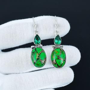 925 Sterling <b>Silver</b> Plated Bohemian Style Fashionable Green Cooper Turquoise Oval Gemstone Natural Bezel Anniversary <b>Earrings</b> - Product Image 2