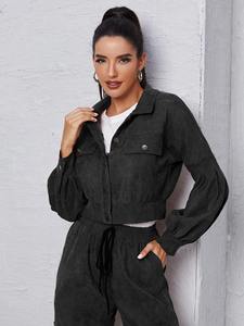 Ensemble de survêtement deux pièces en coton uni pour femmes, fermeture éclair, pour l'entraînement en salle de sport, fournisseur OEM - Product Image 4