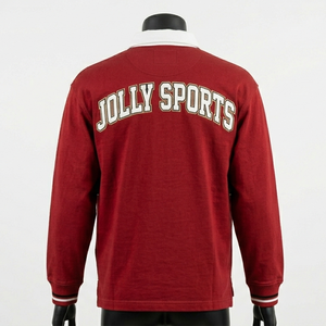 เสื้อรักบี้ชาย ผ้าคอตตอนผสมโพลีเอสเตอร์คุณภาพพรีเมียม สีแดงตัวเสื้อ แผงหน้าอกสีดำ คอเสื้อพิมพ์ลายสกรีน โลโก้สั่งทำได้ เสื้อรักบี้ชายสำหรับเสื้อโปโล - Product Image 4