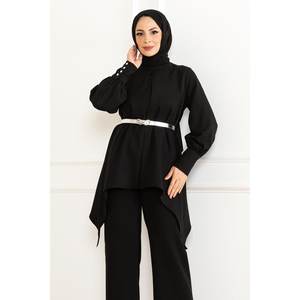 MSW19001-1 Conjunto de Traje Informal Negro con Detalles, Blusa Larga y Piezas Coordinadas de Longitud Midi - Product Image 2