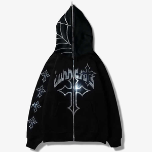 Y2k personnalisé à la mode strass sweats à capuche thermique vente chaude vêtements de rue fermeture éclair complète à capuche prix le plus bas à capuche - Product Image 1