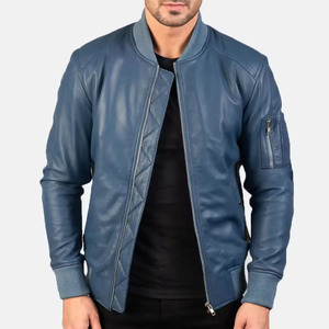 Elegante casual prendas de vestir chaqueta de vuelo chaqueta de bombardero de cuero azul con ribete de costilla personalizado al por mayor ropa chaqueta de cuero para los hombres - Product Image 1